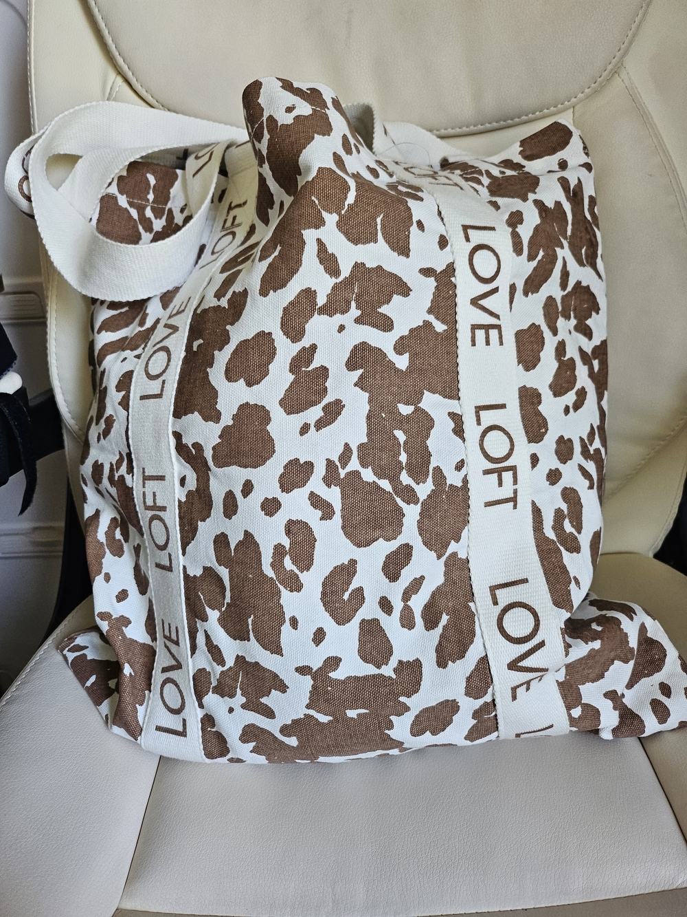 LOFT Brown and Cream Cowprint Canvas Tote with LOVE LOFT Straps - Picture 6 of 9